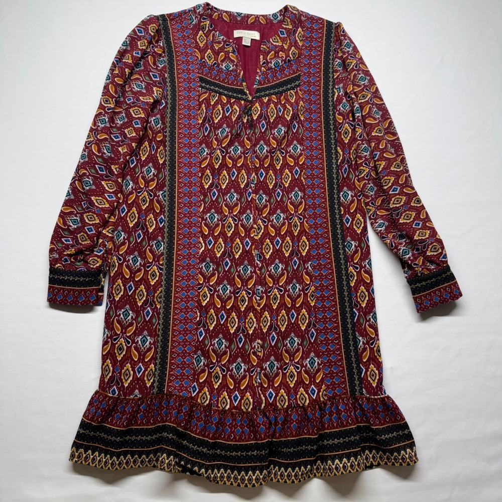 See U Soon Shift Dress Ikat Geometric Small Burgundy Womens Boho Ruffle Hem Mini